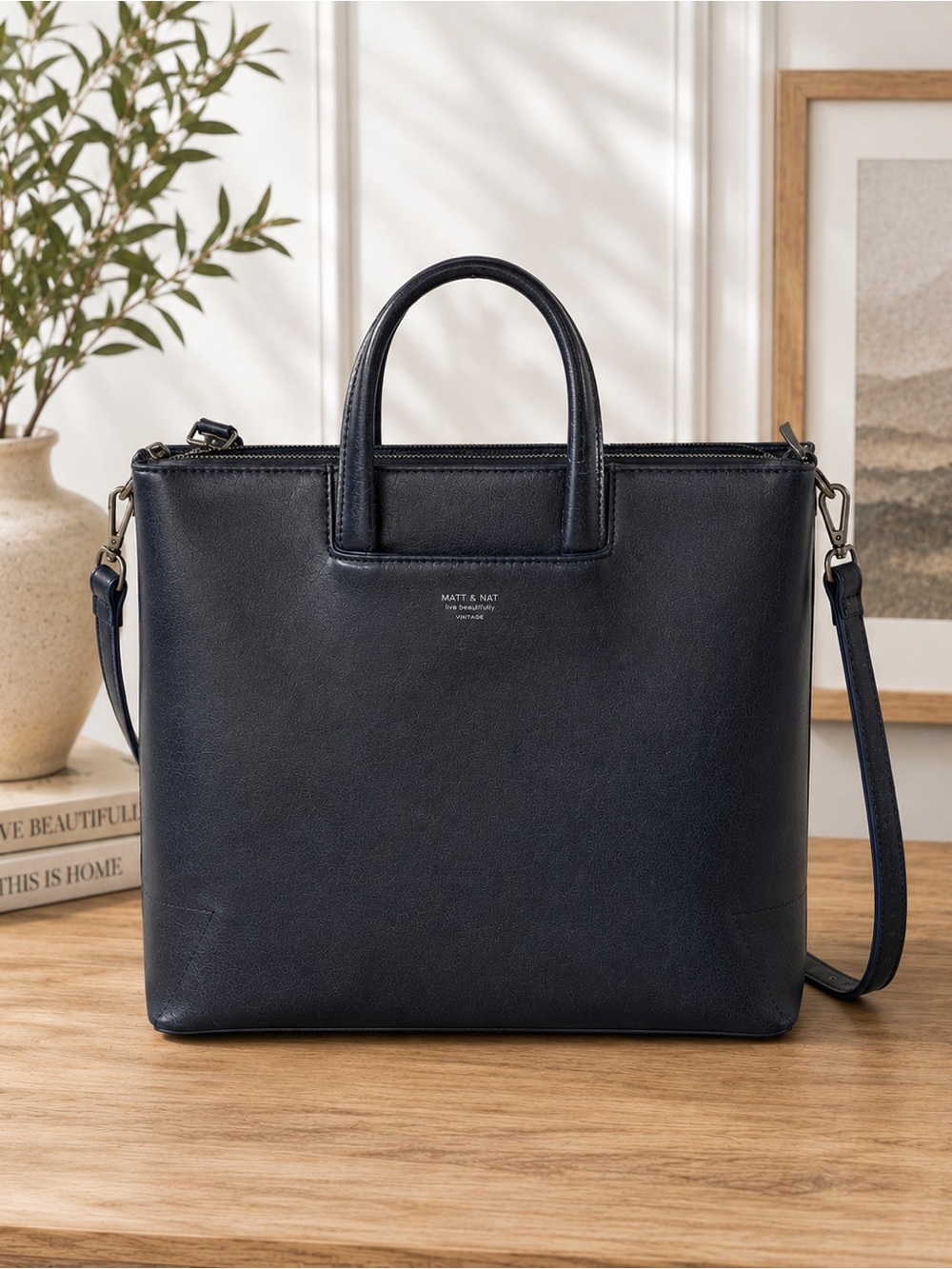 Matt & Nat Vegan Leather Navy Work Tote Shoulder Bag Adjustable Strap